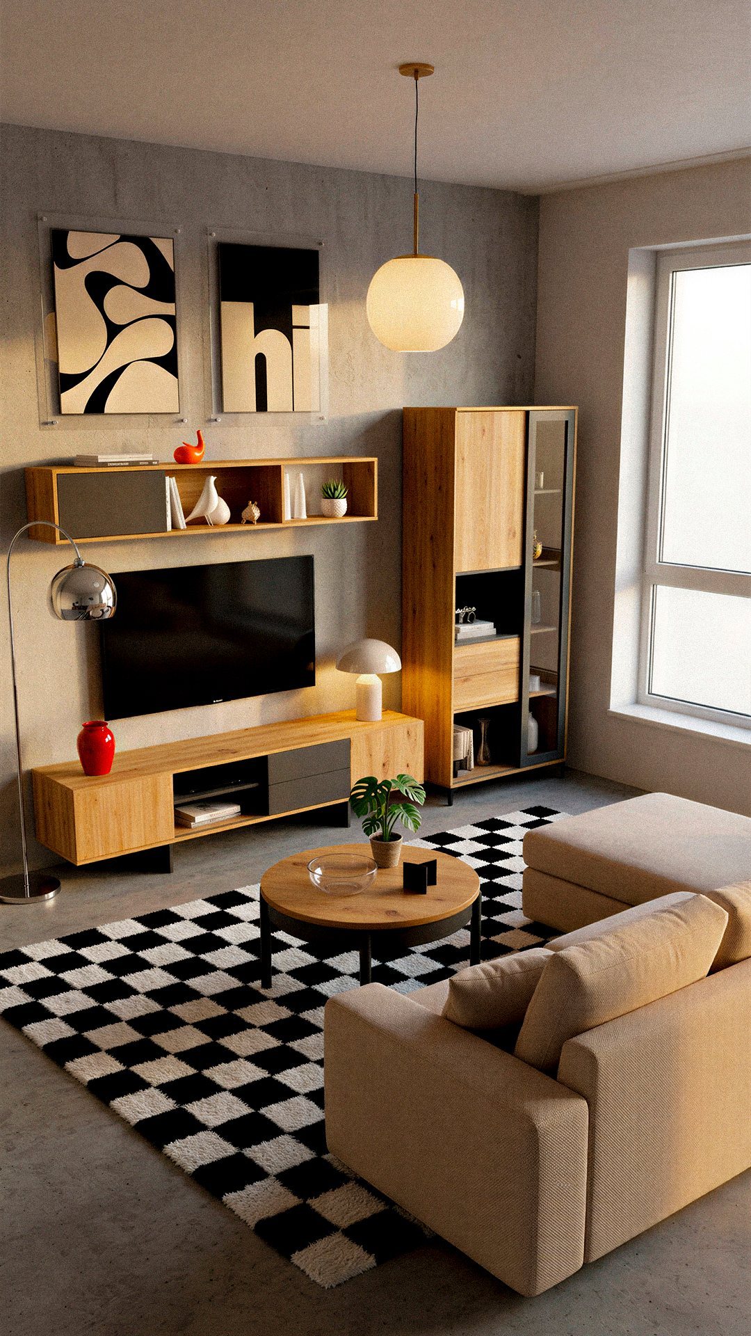Salón con mueble de TV y alfombra de cuadros